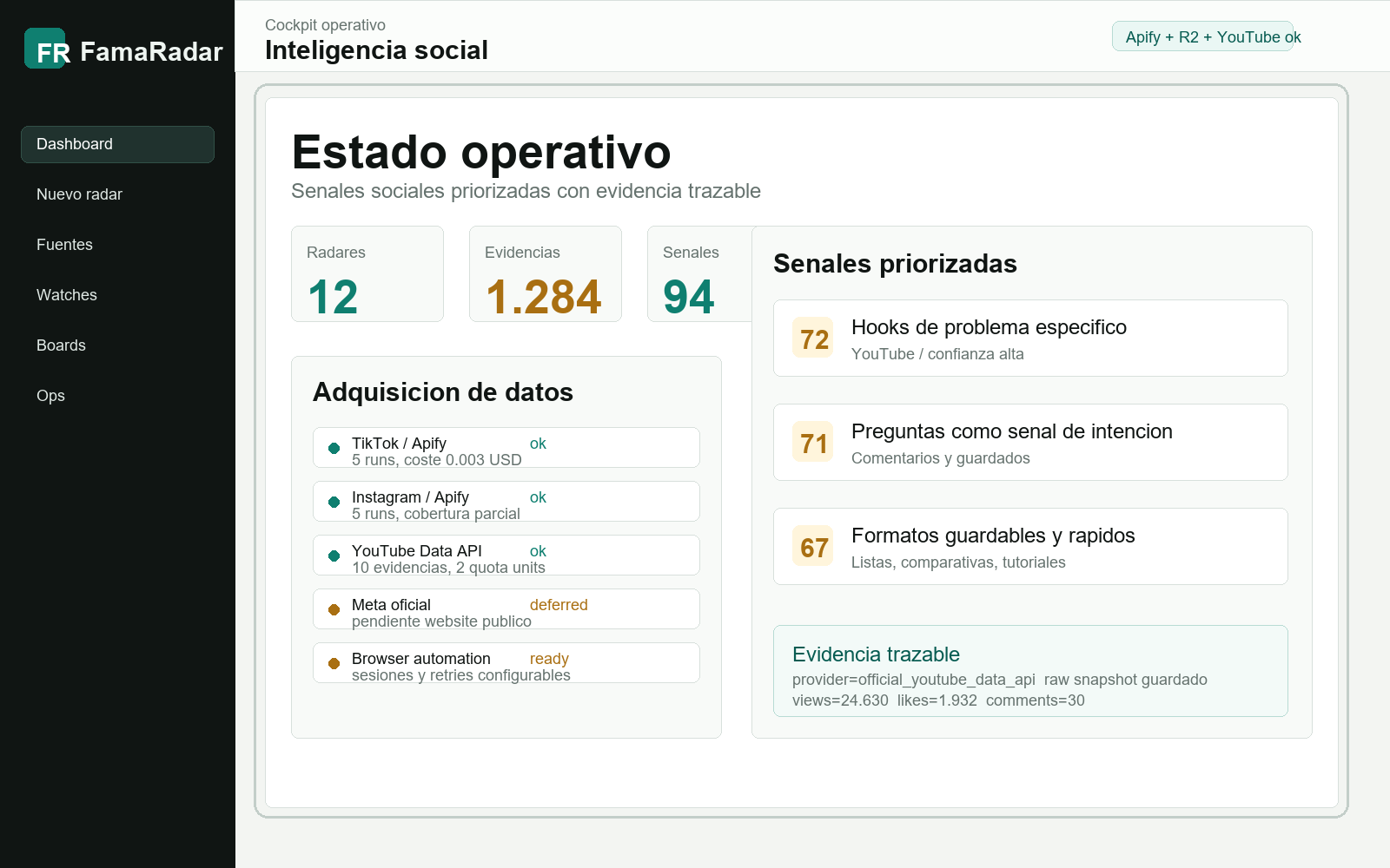 Cockpit de FamaRadar con estados de proveedor, señales priorizadas y evidencia trazable